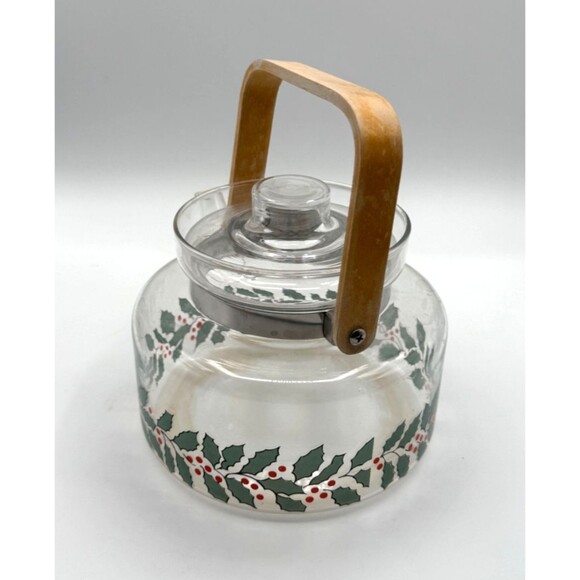 Christmas Handblown Tea Kettle Holly Berry Pattern Heat Resistant Glass Cookware - Picture 4 of 9